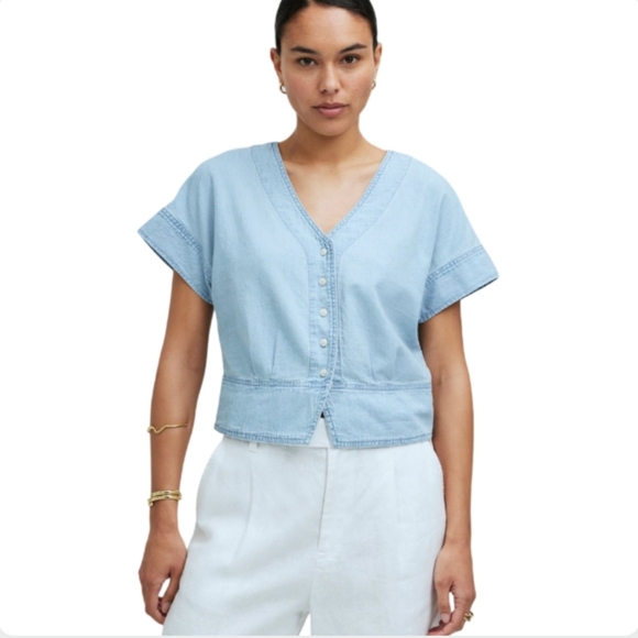 Madewell Blue Denim Pleated Short-Sleeve Top Size Small NWT - Picture 4 of 14